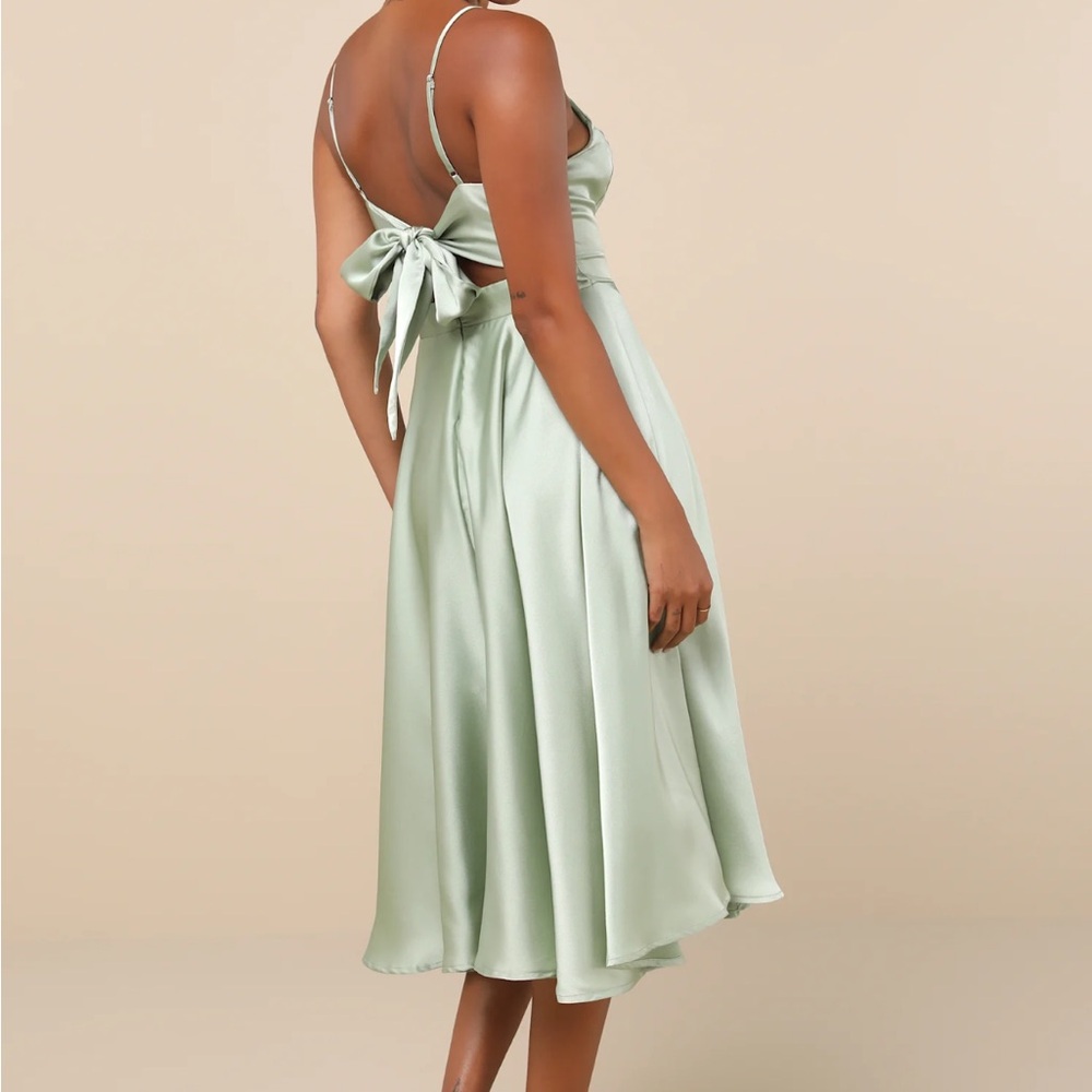 Lulus Days Like Today Sage Green Satin Asymmetrical Tie-Back Midi Dress - Picture 3 of 9